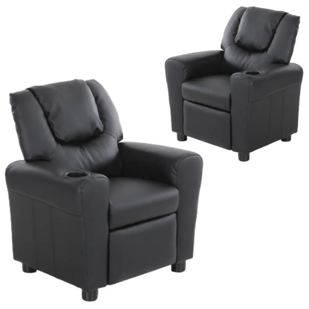 Set of 2 Oliver Kids Recliner Chair Sofa Children Lounge Couch PU Armchair Black - Furniture > Sofas