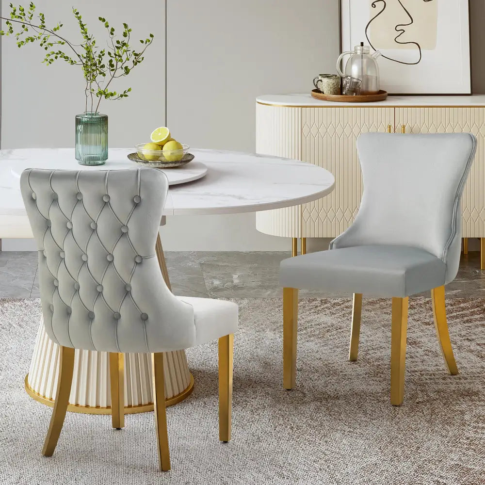 Set of 2 - Paris Light Grey Velvet & Gold Polished Steel Upholstered Dining Chairs Tufted Back - Furniture > Dining