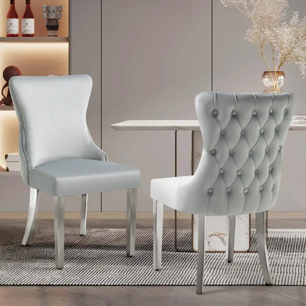 Set of 2 - Paris Light Grey Velvet & Silver Polished Steel Upholstered Dining Chairs Tufted Back - Furniture > Dining