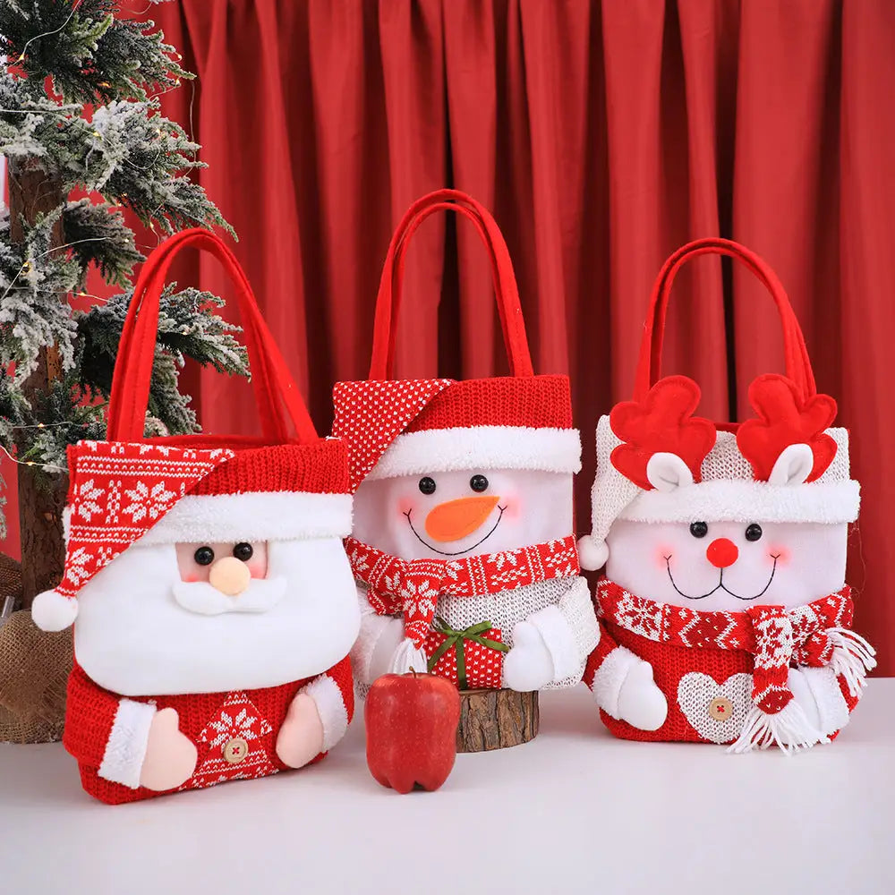 Set of 3 Christmas Fabric Gift Tote Bags – Santa Snowman and Reindeer Design - Occasions > Christmas > Christmas