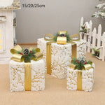 Set of 3 Elegant Christmas Gift Boxes with Gold Ribbon & Pine Accents,without lights - Perfect Indoor Holiday