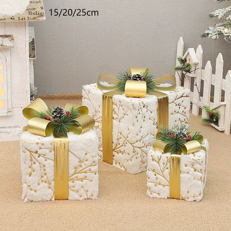Set of 3 Elegant Christmas Gift Boxes with Gold Ribbon & Pine Accents,without lights - Perfect Indoor Holiday