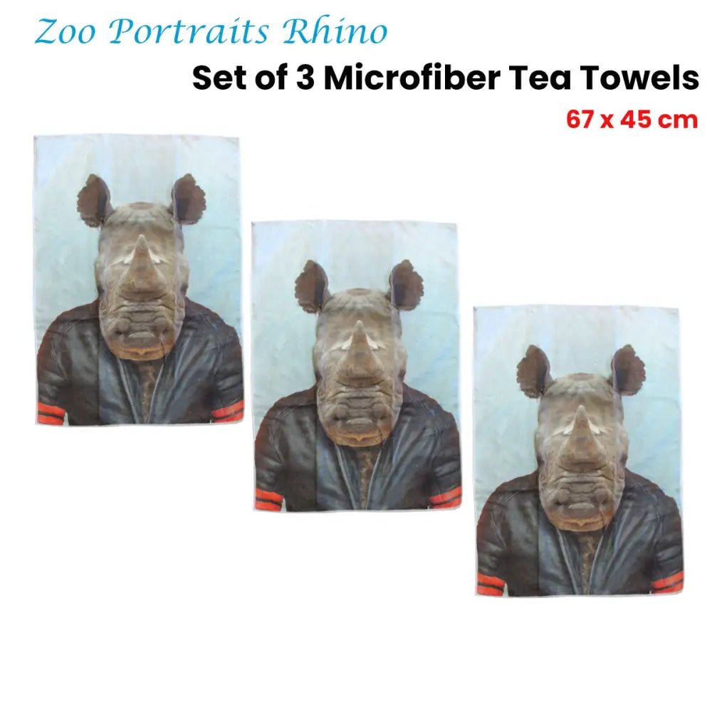 Set of 3 Zoo Portraits Microfiber Tea Towels Rhino 67 x 45 cm - Home & Garden > Bathroom Accessories > Toothbrush