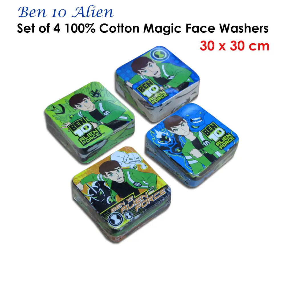 Set of 4 Ben 10 Alien Magic 100% Cotton Face Washers - Home & Garden > Bathroom Accessories