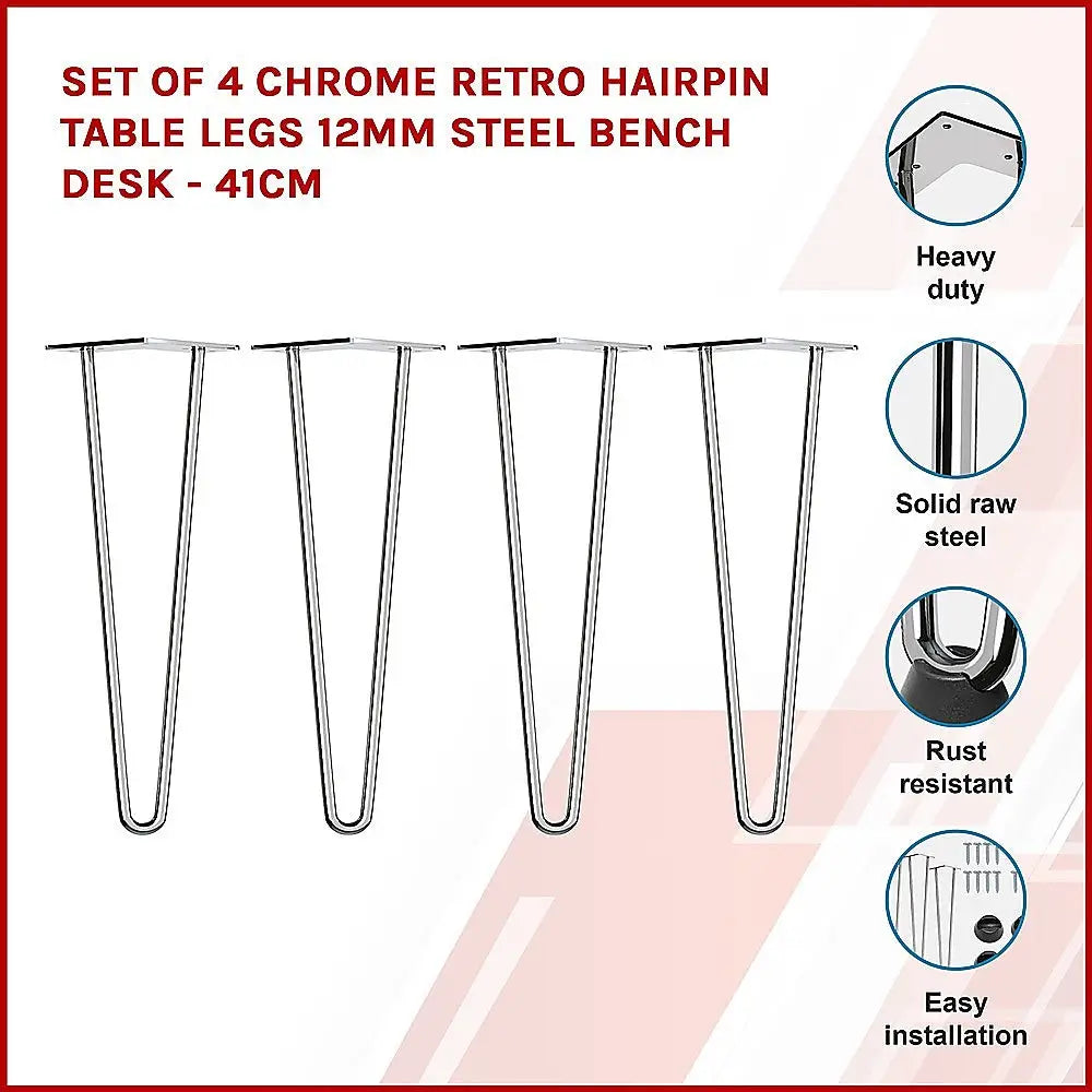 Set of 4 Chrome Retro Hairpin Table Legs 12mm Steel Bench Desk - 41cm - Furniture > Office