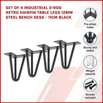 Set of 4 Industrial 3-Rod Retro Hairpin Table Legs 12mm Steel Bench Desk - 11cm Black - Furniture > Office