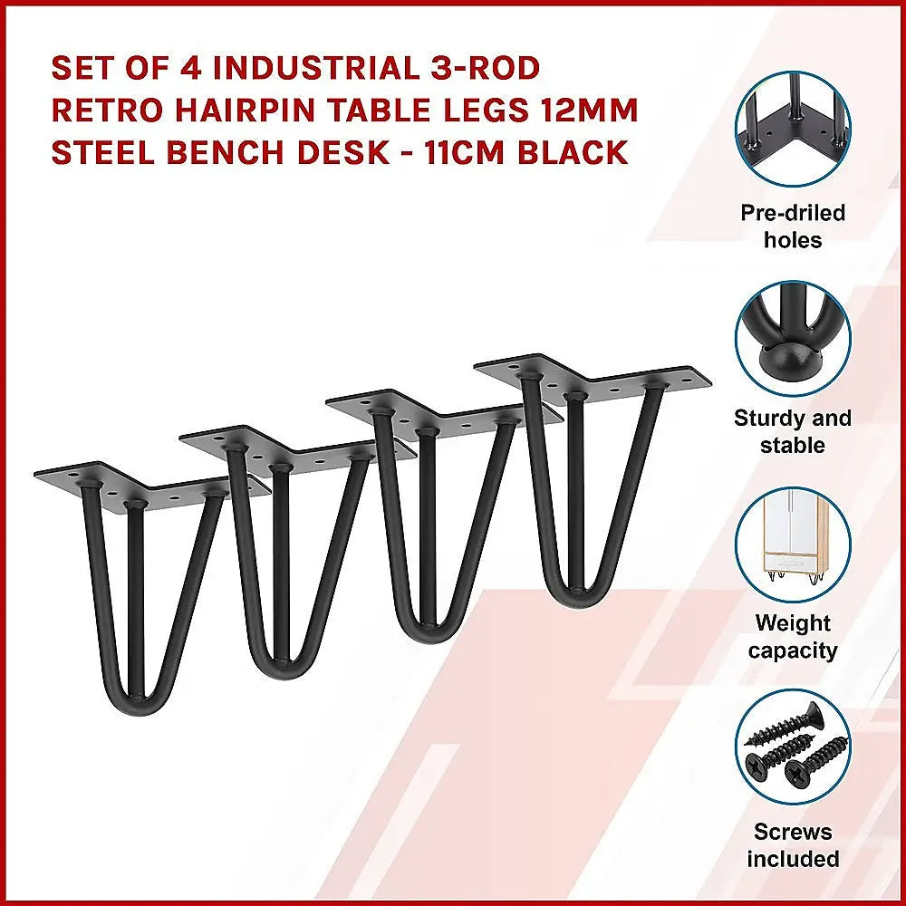 Set of 4 Industrial 3-Rod Retro Hairpin Table Legs 12mm Steel Bench Desk - 11cm Black - Furniture > Office