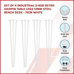 Set of 4 Industrial 3-Rod Retro Hairpin Table Legs 12mm Steel Bench Desk - 71cm White - Furniture > Office