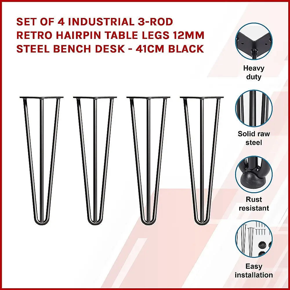 Set of 4 Industrial 3-Rod Retro Hairpin Table Legs 12mm Steel Bench Desk - 41cm Black - Furniture > Office