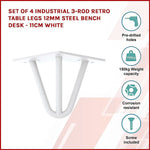Set of 4 Industrial 3-Rod Retro Table Legs 12mm Steel Bench Desk - 11cm White - Furniture > Office