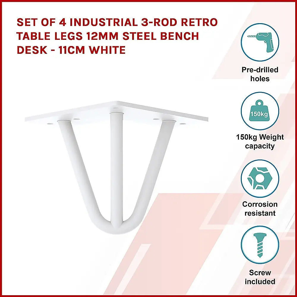 Set of 4 Industrial 3-Rod Retro Table Legs 12mm Steel Bench Desk - 11cm White - Furniture > Office
