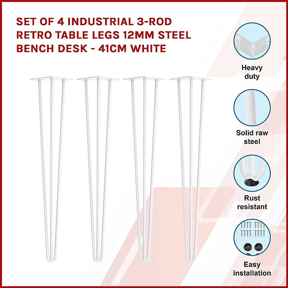 Set of 4 Industrial 3-Rod Retro Table Legs 12mm Steel Bench Desk - 41cm White - Furniture > Office