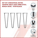 Set of 4 Industrial Retro Hairpin Table Legs 12mm Steel Bench Desk - 41cm Black - Furniture > Office
