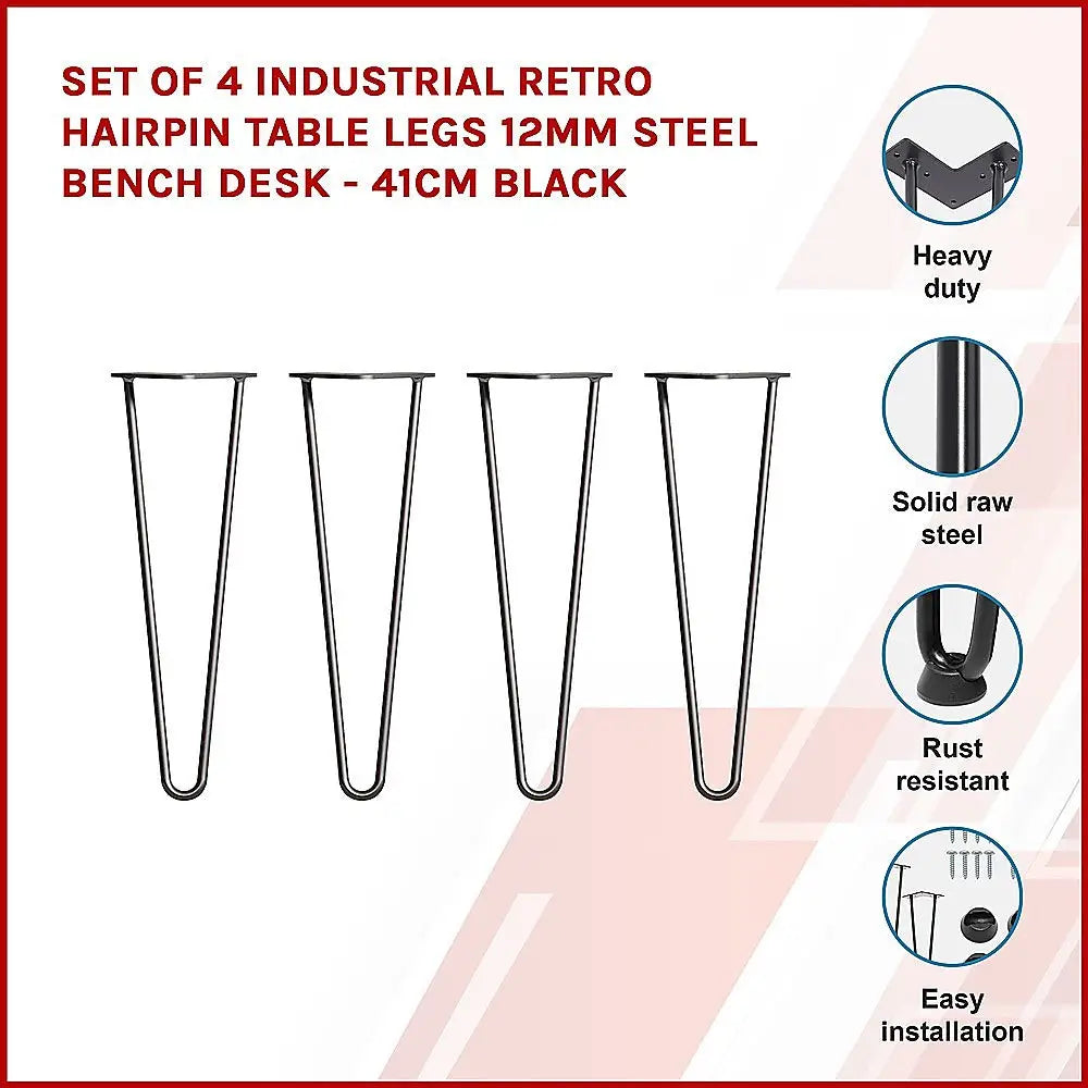 Set of 4 Industrial Retro Hairpin Table Legs 12mm Steel Bench Desk - 41cm Black - Furniture > Office