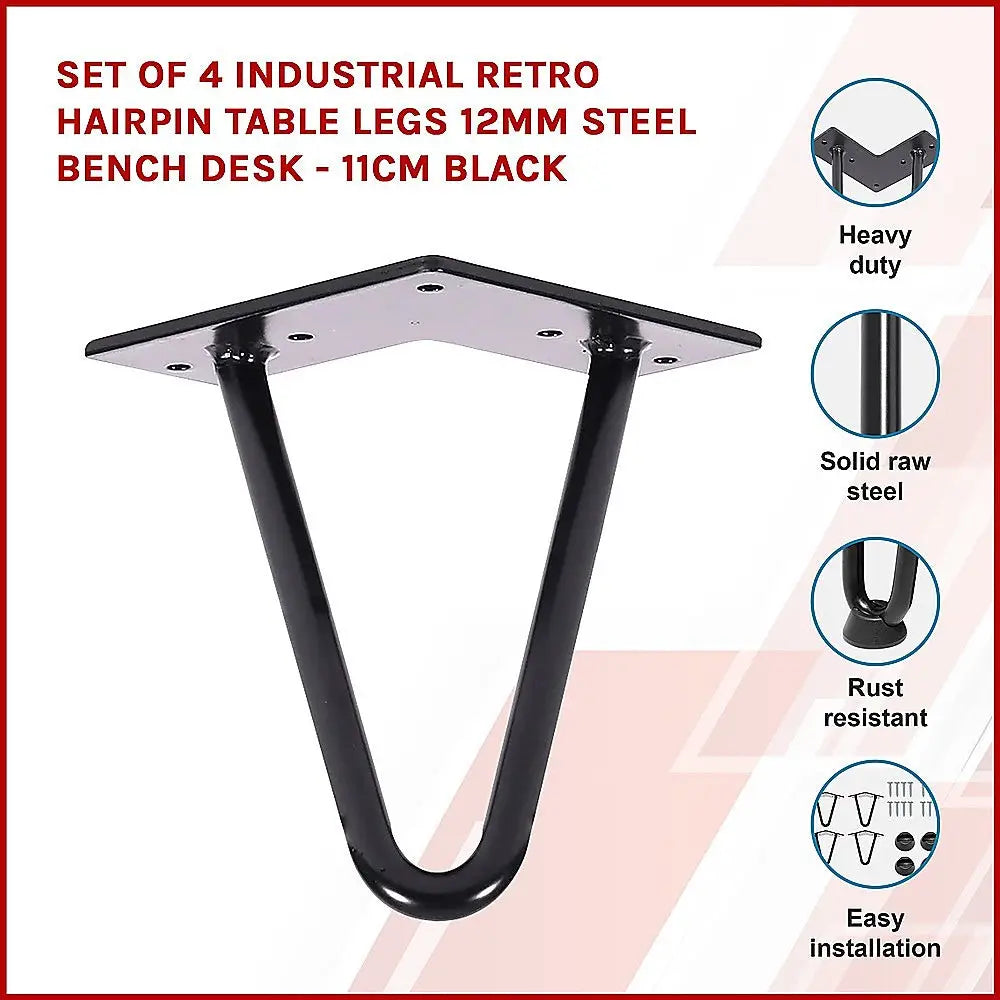 Set of 4 Industrial Retro Hairpin Table Legs 12mm Steel Bench Desk - 11cm Black - Furniture > Office
