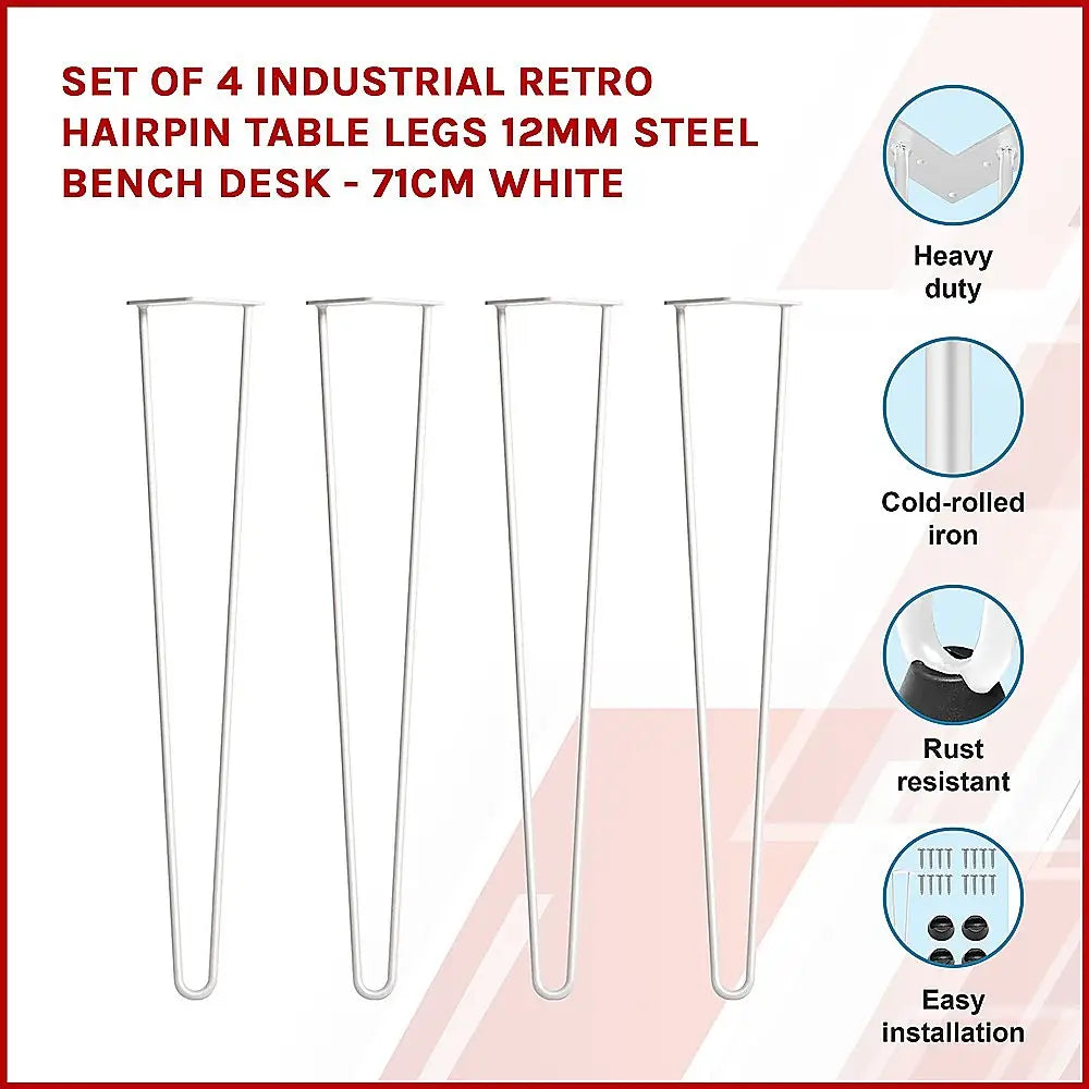 Set of 4 Industrial Retro Hairpin Table Legs 12mm Steel Bench Desk - 71cm White - Furniture > Office