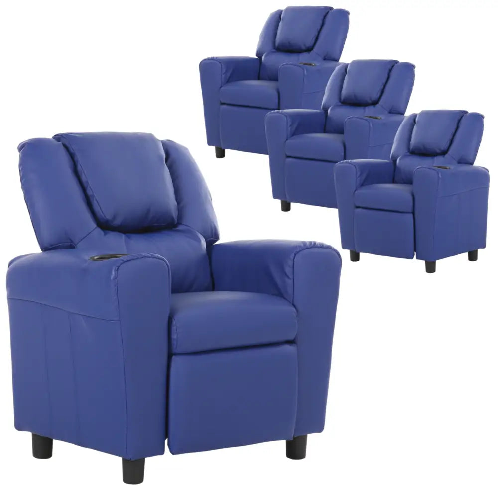 Set of 4 Oliver Kids Recliner Chair Sofa Children Lounge Couch PU Armchair Blue - Furniture > Sofas