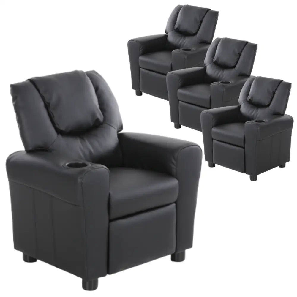 Set of 4 Oliver Kids Recliner Chair Sofa Children Lounge Couch PU Armchair Black - Furniture > Sofas