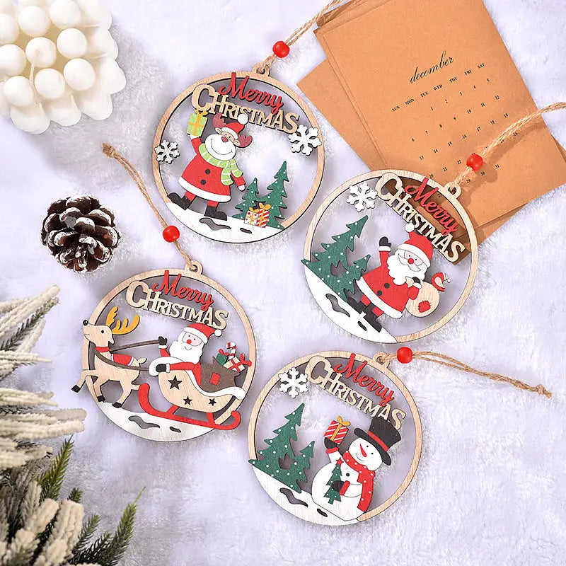 Set of 4 Wooden Christmas Hanging Ornaments – Santa Snowman and Reindeer Decorations （2 set 8 pieces in total)）