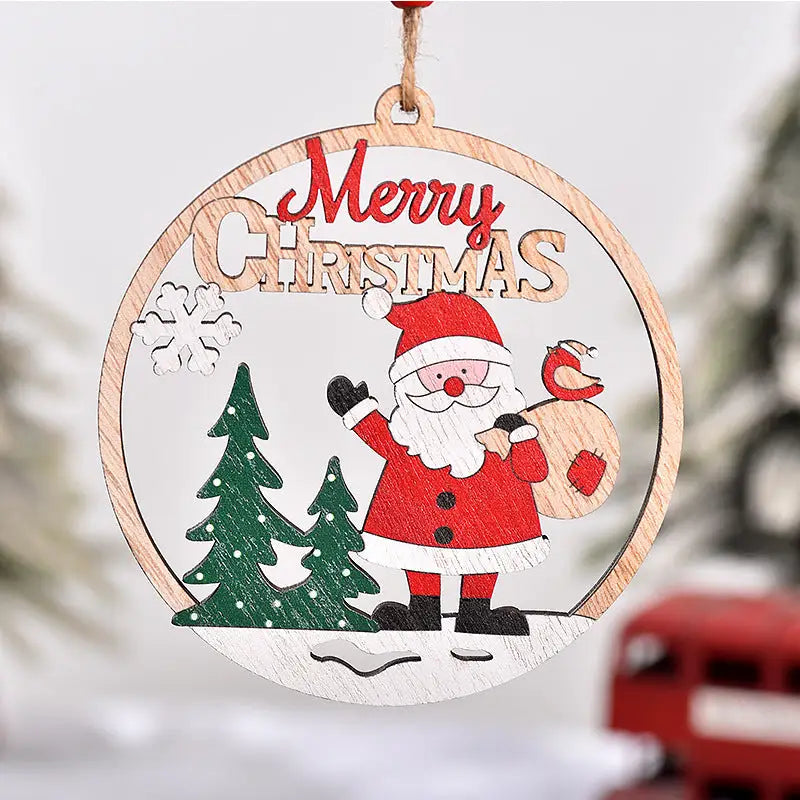 Set of 4 Wooden Christmas Hanging Ornaments – Santa Snowman and Reindeer Decorations （2 set 8 pieces in total)）