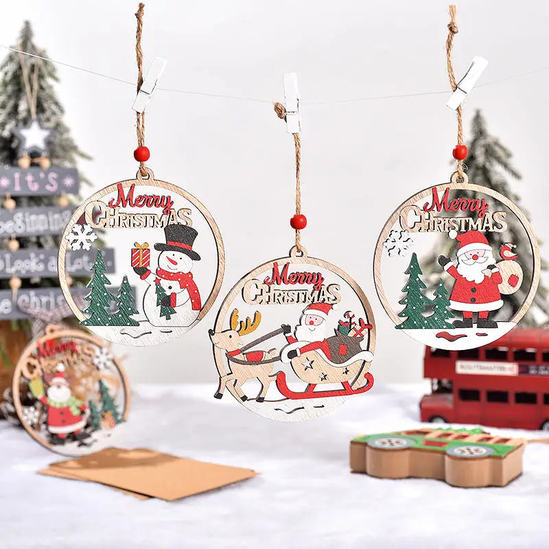 Set of 4 Wooden Christmas Hanging Ornaments – Santa Snowman and Reindeer Decorations （2 set 8 pieces in total)）