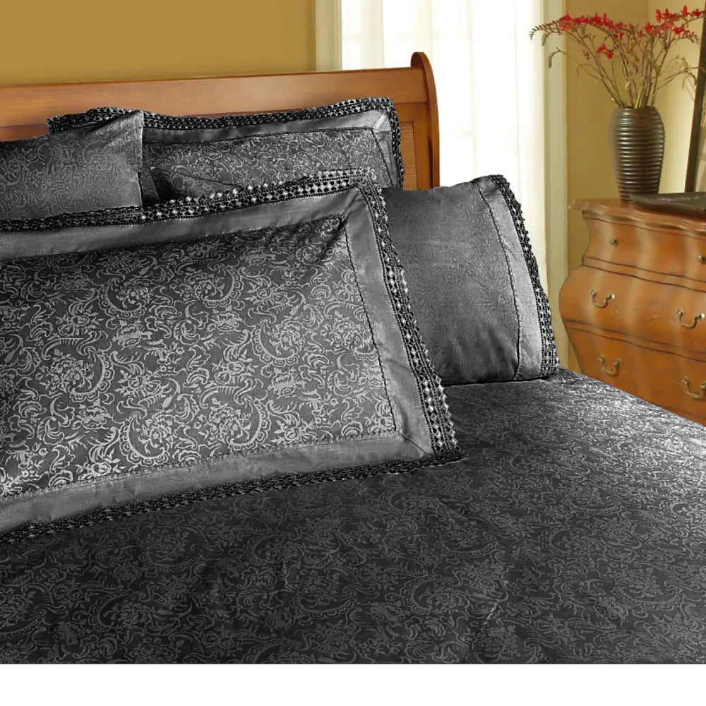 Shangri La Microfibre Machine Lace Sheet Set Charcoal Double - Home & Garden > Bedding