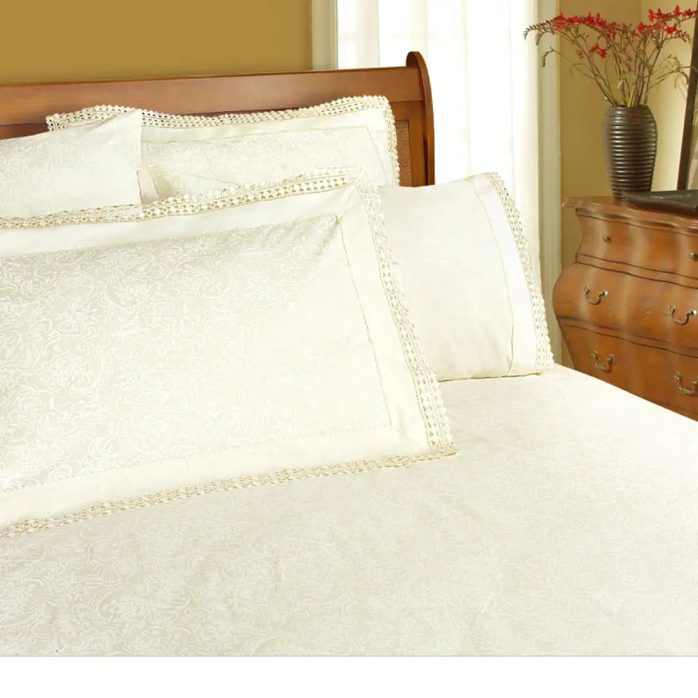 Shangri La Microfibre Machine Lace Sheet Set Cream Double - Home & Garden > Bedding
