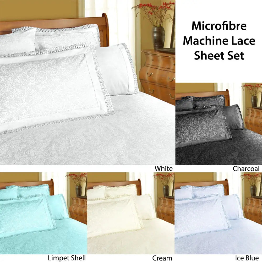 Shangri La Microfibre Machine Lace Sheet Set Cream Double - Home & Garden > Bedding