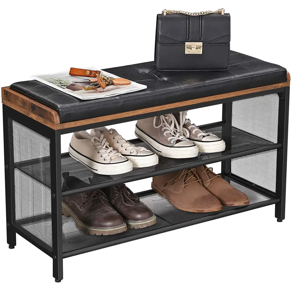 Shoe Bench with Mesh Shelf and Faux Leather Vintage Brown Black 80 x 30 x 48 cm - Furniture > Living Room