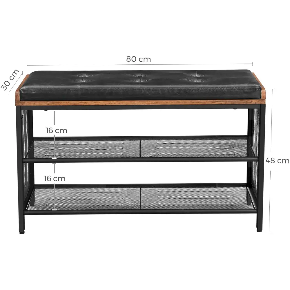 Shoe Bench with Mesh Shelf and Faux Leather Vintage Brown Black 80 x 30 x 48 cm - Furniture > Living Room