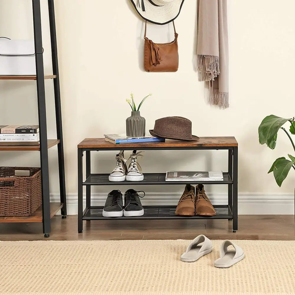 Shoe Rack with 2 Mesh Shelves Rustic Brown and Black - Furniture > Living Room
