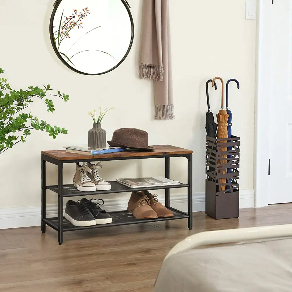 Shoe Rack with 2 Mesh Shelves Rustic Brown and Black - Furniture > Living Room