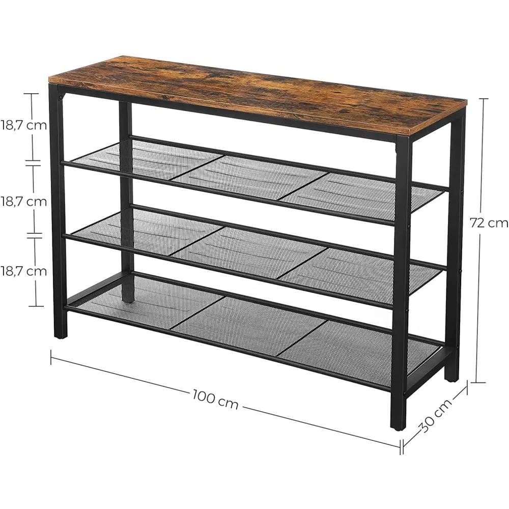 Shoe Rack with 3 Mesh Shelves Rustic Brown and Black - Furniture > Living Room