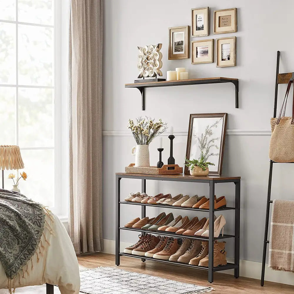 Shoe Rack with 3 Mesh Shelves Rustic Brown and Black - Furniture > Living Room