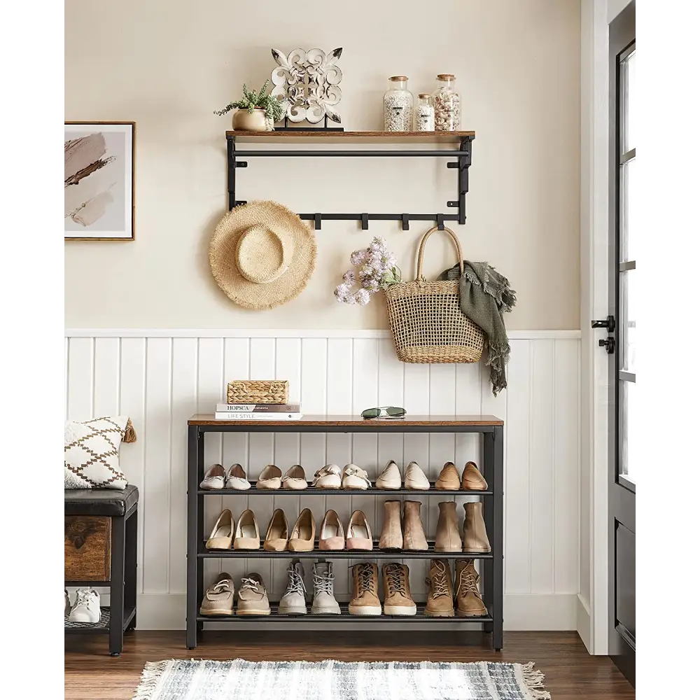 Shoe Rack with 3 Mesh Shelves Rustic Brown and Black - Furniture > Living Room