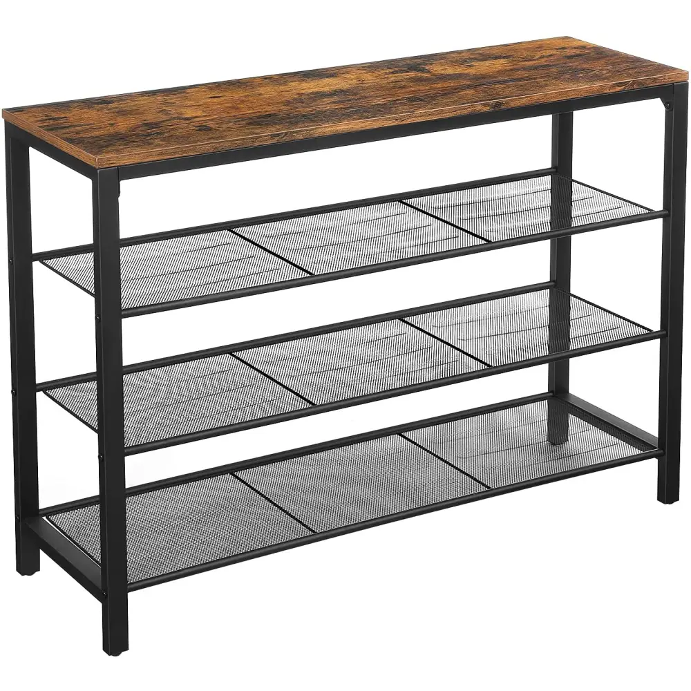 Shoe Rack with 3 Mesh Shelves Rustic Brown and Black - Furniture > Living Room
