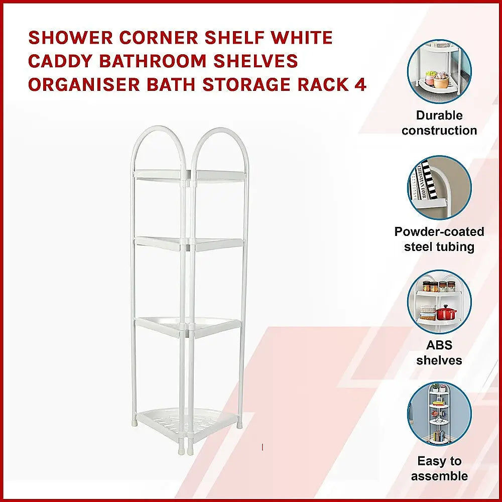 Shower Corner Shelf White Caddy Bathroom Shelves Organiser Bath Storage Rack 4 - Health & Beauty > Personal Care > Back