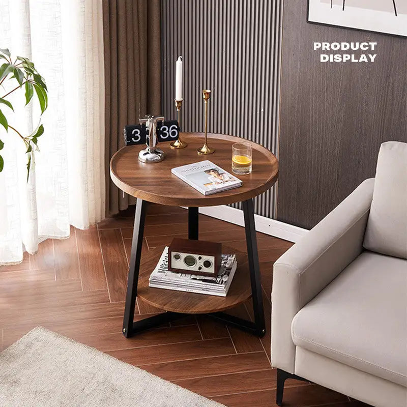Side Round Coffee Table Retro 2-Tier Wooden Industrial Style - Electronics > Computers & Tablets