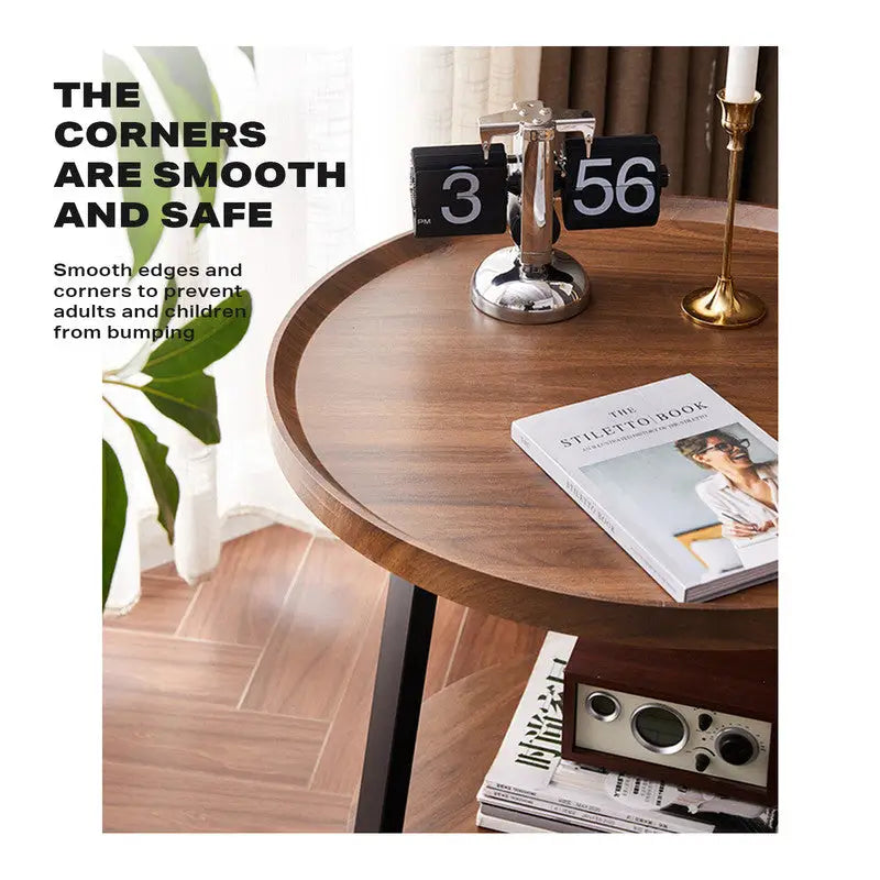 Side Round Coffee Table Retro 2-Tier Wooden Industrial Style - Electronics > Computers & Tablets