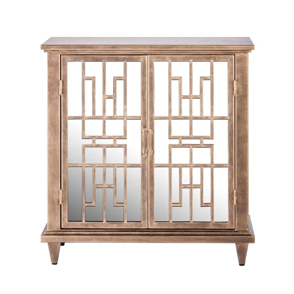 Sideboard Buffet Storage with Mirrored Glass Doors in French Brass Finish - Furniture > Dining