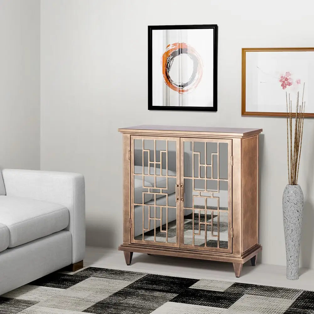 Sideboard Buffet Storage with Mirrored Glass Doors in French Brass Finish - Furniture > Dining