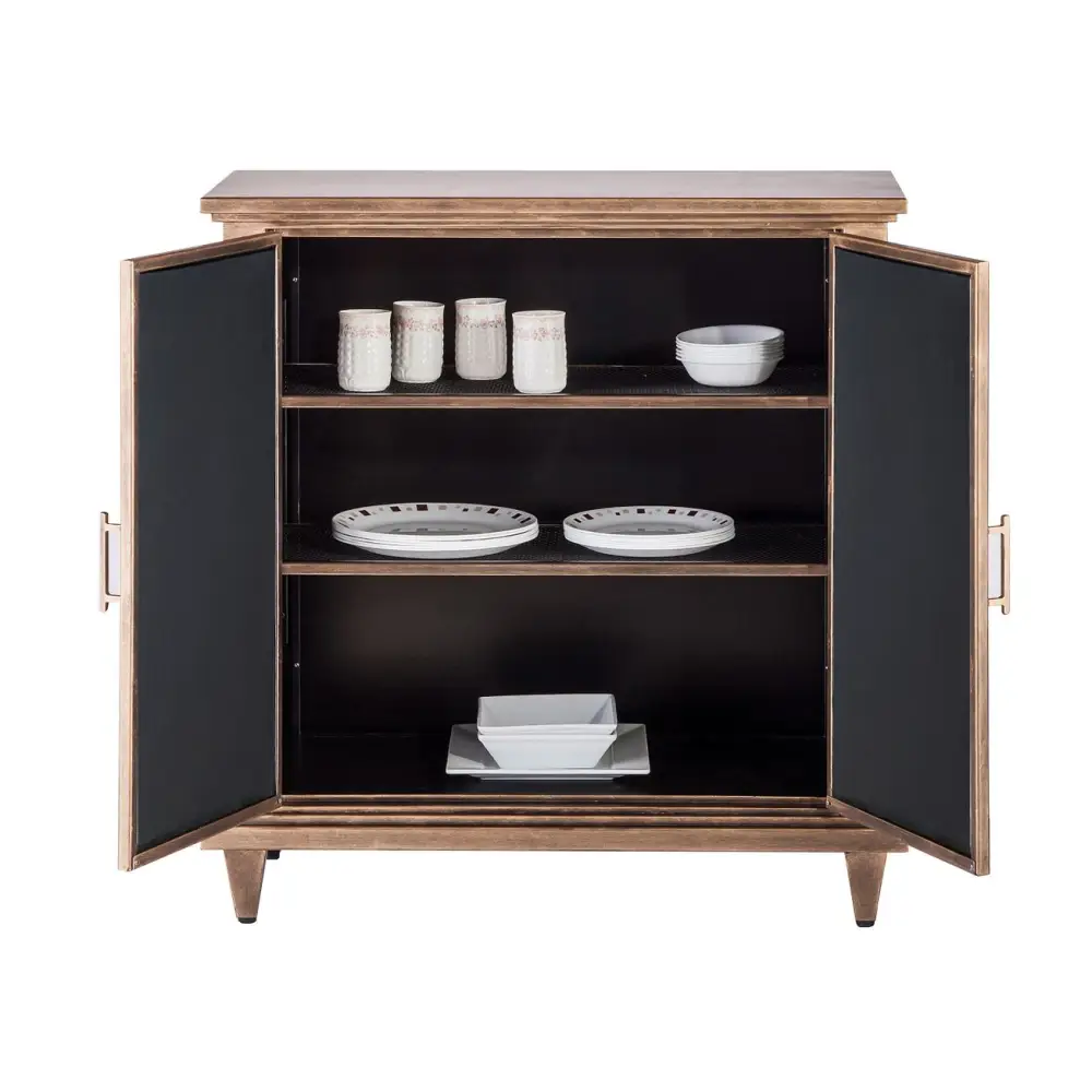 Sideboard Buffet Storage with Mirrored Glass Doors in French Brass Finish - Furniture > Dining