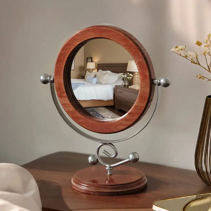Silver and Brown Vintage Solid Wood Makeup Mirror - 360° Rotation Desktop Vanity Mirror - Home & Garden > Decor >