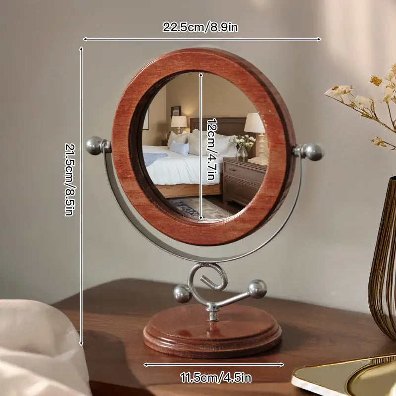 Silver and Brown Vintage Solid Wood Makeup Mirror - 360° Rotation Desktop Vanity Mirror - Home & Garden > Decor >