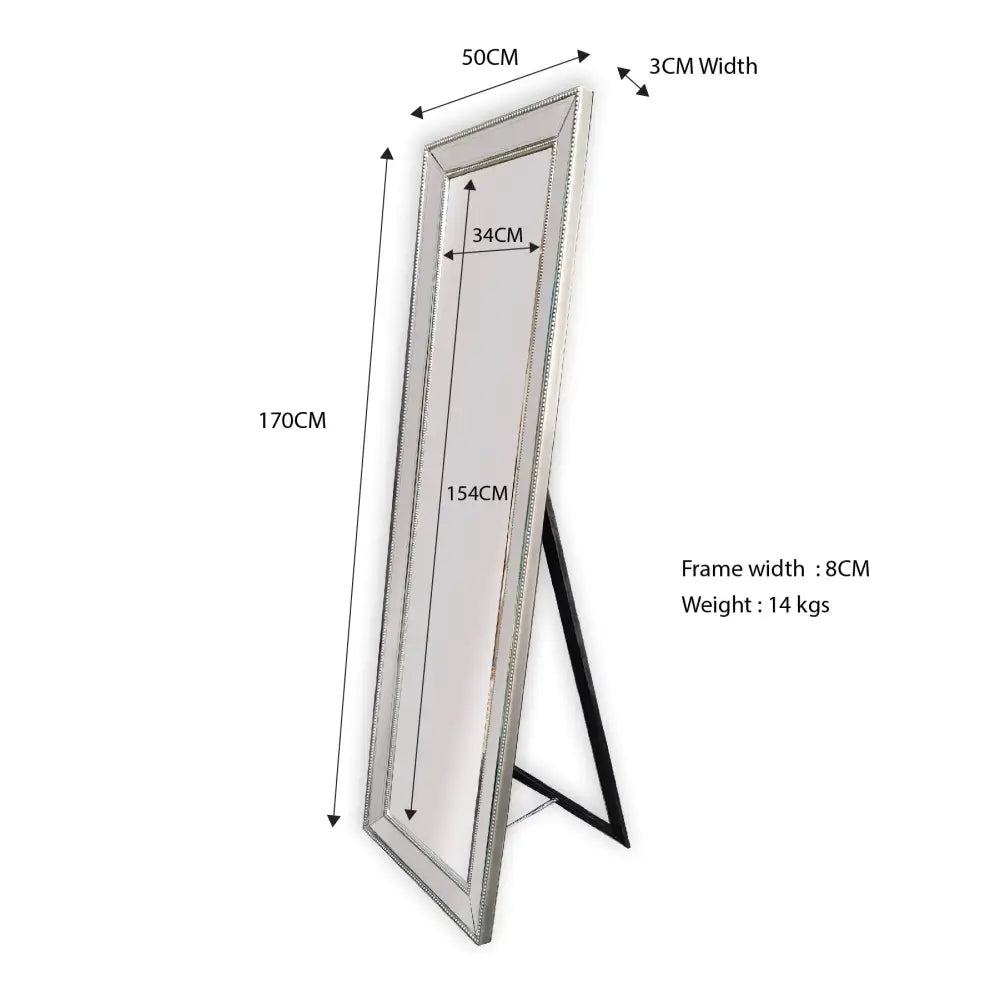 Silver Beaded Framed Mirror - Free Standing 50cm x 170cm - Home & Garden > Decor