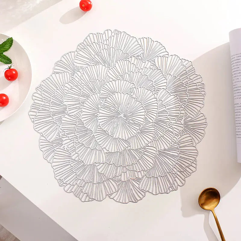 Silver Elegant Floral PVC Placemats - Set of 8 Durable & Stylish Table Mats (38cm) - Home & Garden > Kitchenware >