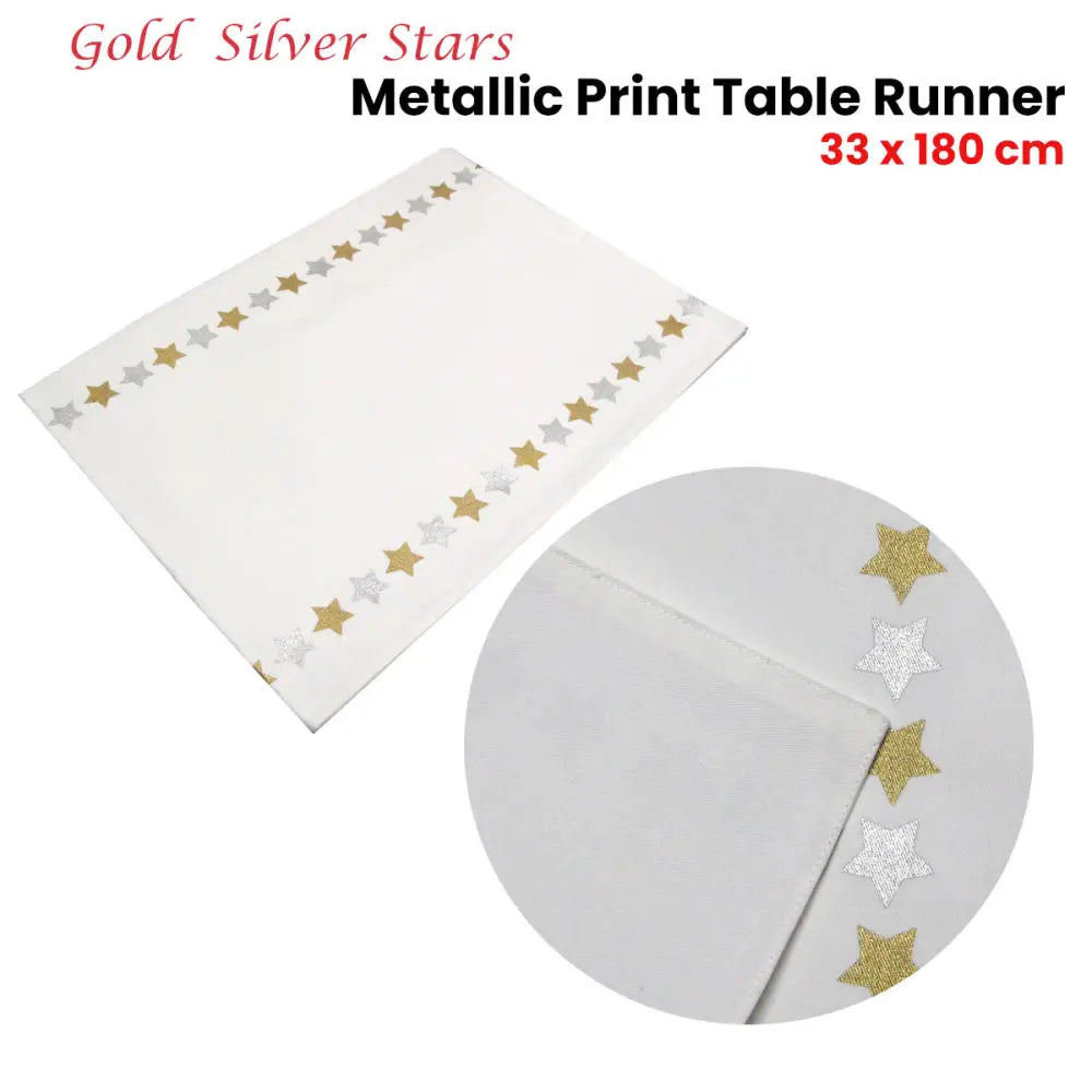 Silver Gold Stars Cotton Metallic Print Table Runner 33 x 180 cm - Home & Garden > Kitchenware