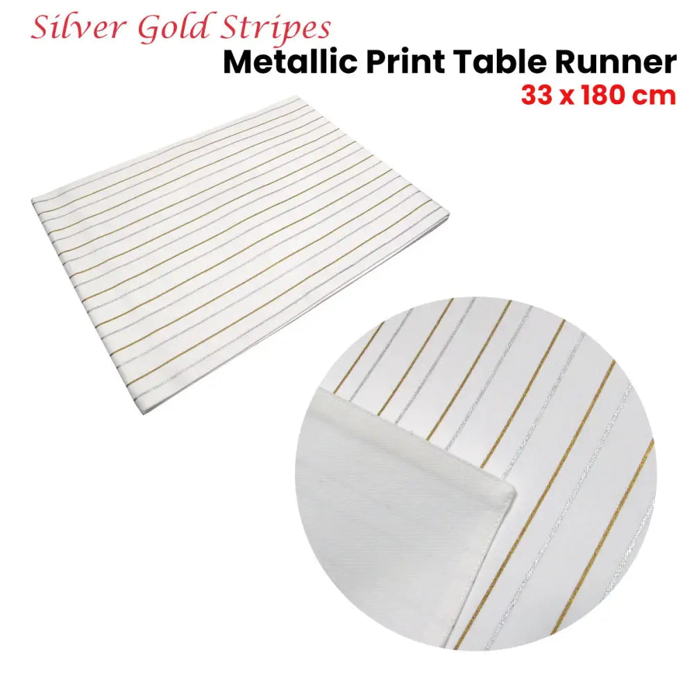 Silver Gold Stripes Cotton Metallic Print Table Runner 33 x 180 cm - Home & Garden > Kitchenware