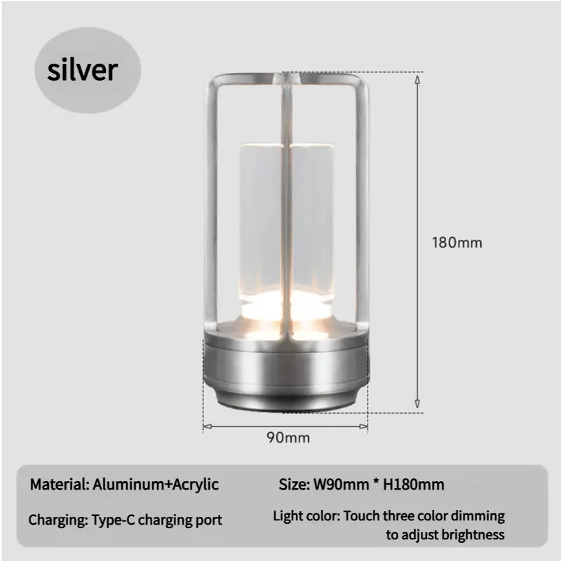 Silver Rechargeable Table Lamp - Touch Dimming 3-Color LED Light for Bedroom and Office - Home & Garden > Lighting >