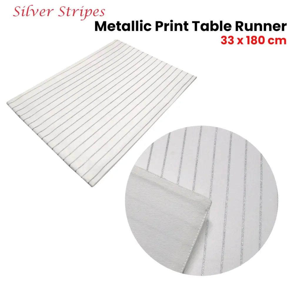 Silver Stripes Cotton Metallic Print Table Runner 33 x 180 cm - Home & Garden > Kitchenware